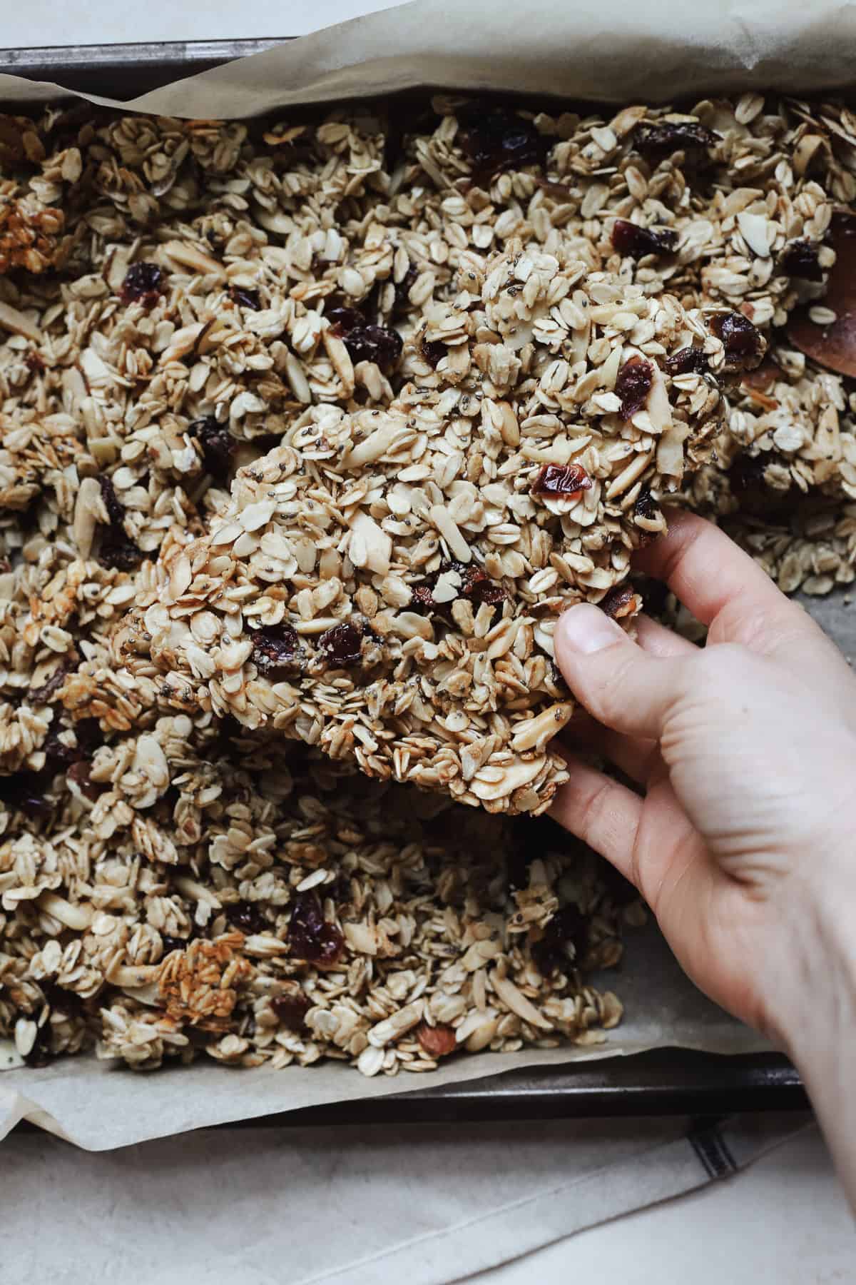 Giant granola cluster with cranberries and almonds.