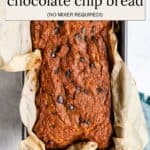 Pumpkin chocolate chip bread in a loaf pan.