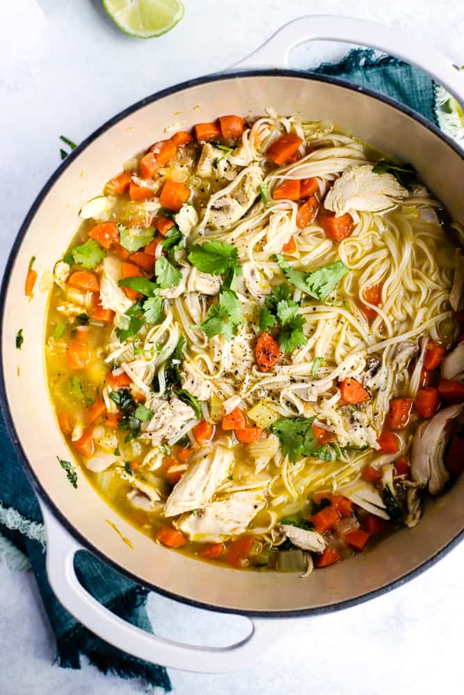 Ginger lime chicken noodle soup in a large dutch oven with cilantro sprinkled on top.