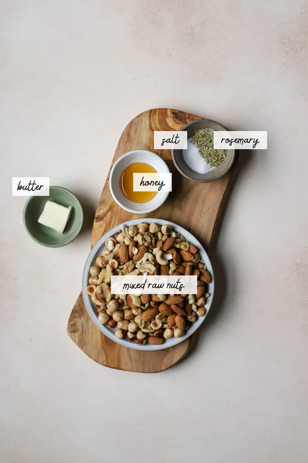 Ingredients to make rosemary mixed nuts.