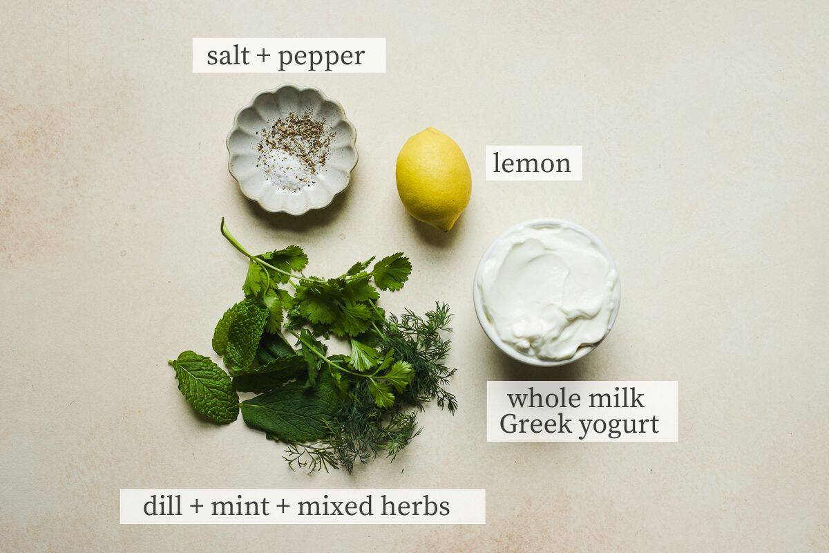 Herb and dill yogurt sauce ingredients.