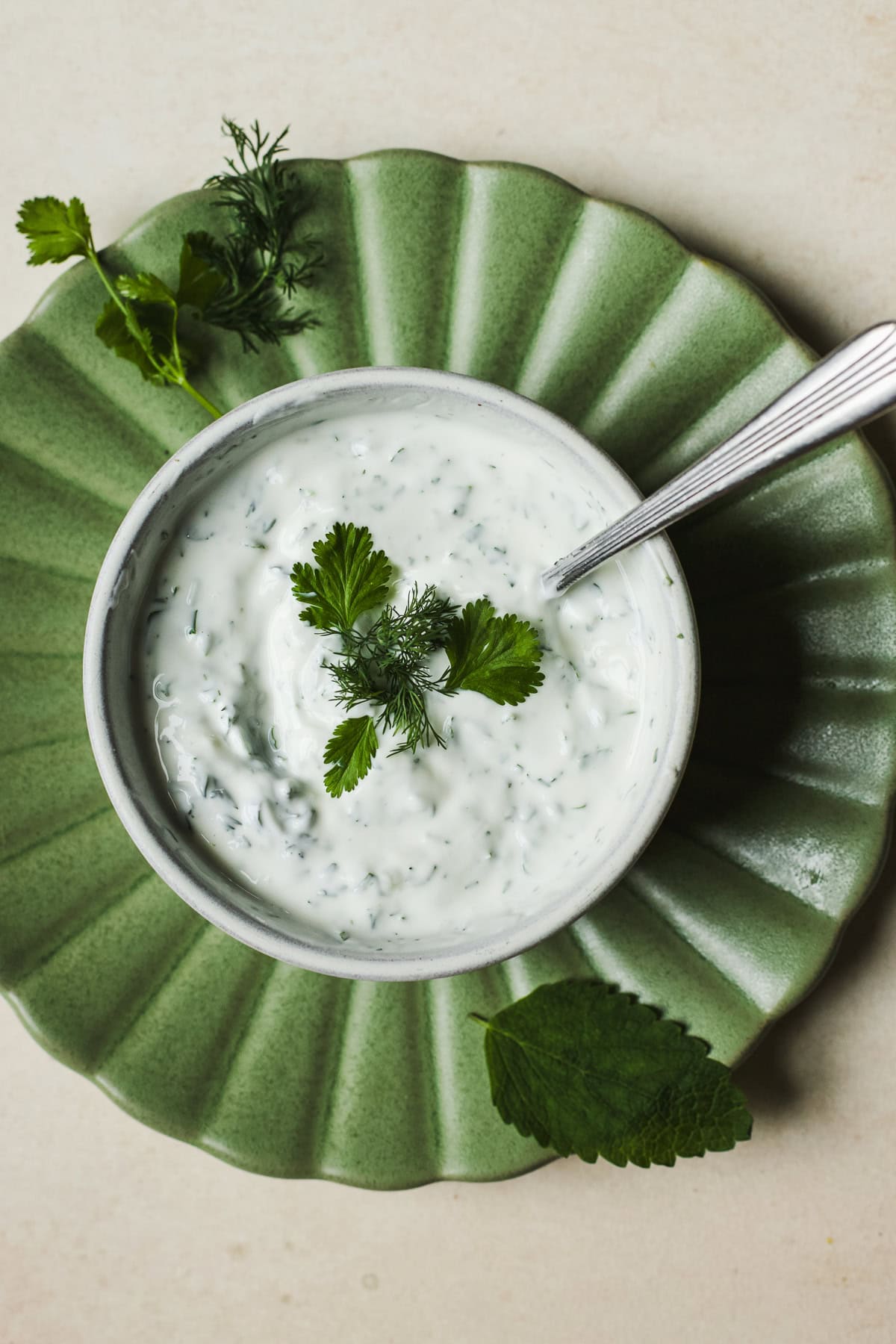 Yogurt sauce with dill, mint, and other herbs mixed together in a bowl.