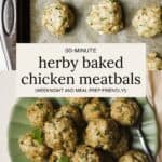 Herby baked chicken meatballs on plate and on sheet pan.