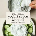Yogurt sauce with dill, mint, and other herbs mixed together in a bowl.