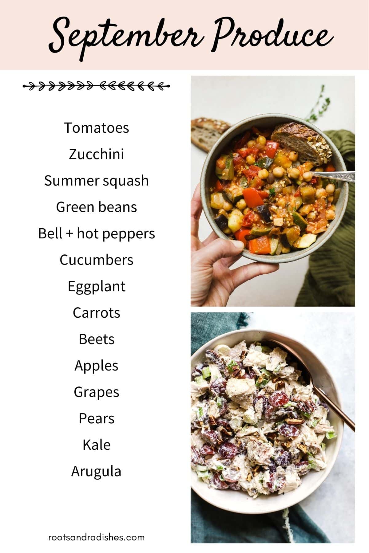 List of September fruits and vegetables with images of ratatouille and chicken salad with grapes.