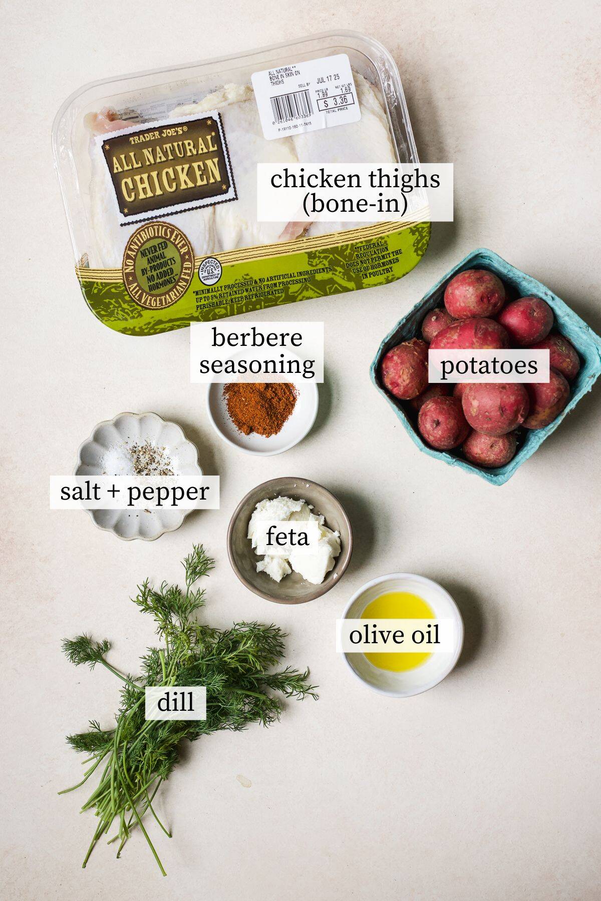 Berbere chicken and dill roasted potatoes ingredients.