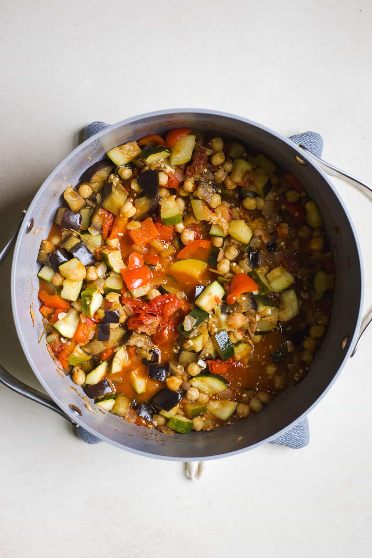 Large pot of homemade ratatouille with garbanzo beans.