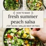 Peach salsa in a bowl through the various steps of how to make it.