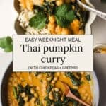 Creamy pumpkin curry with chickpeas served over rice.