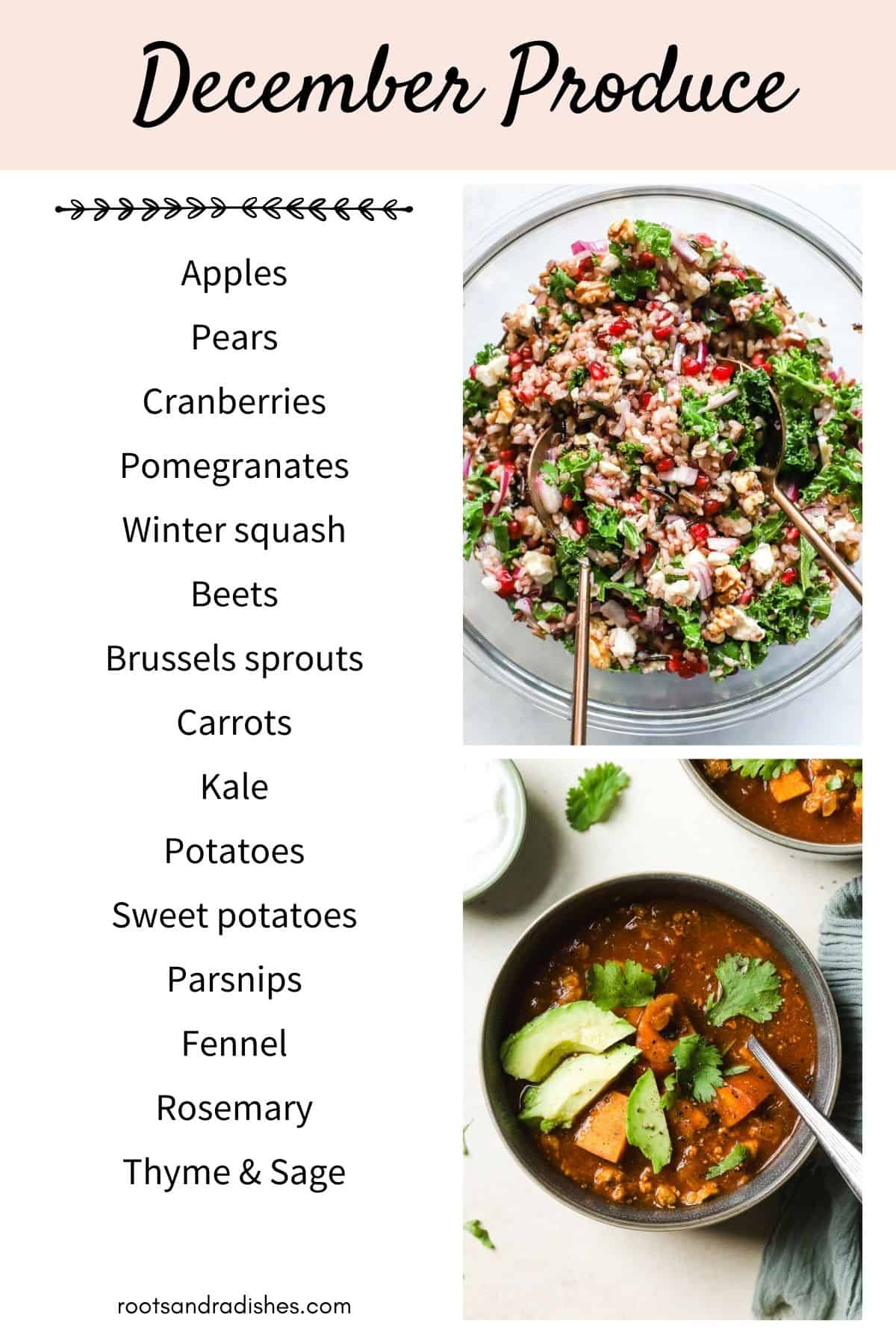 List of December seasonal fruit, vegetables, and herbs, with images of wild rice pomegranate salad and sweet potato turkey chili.