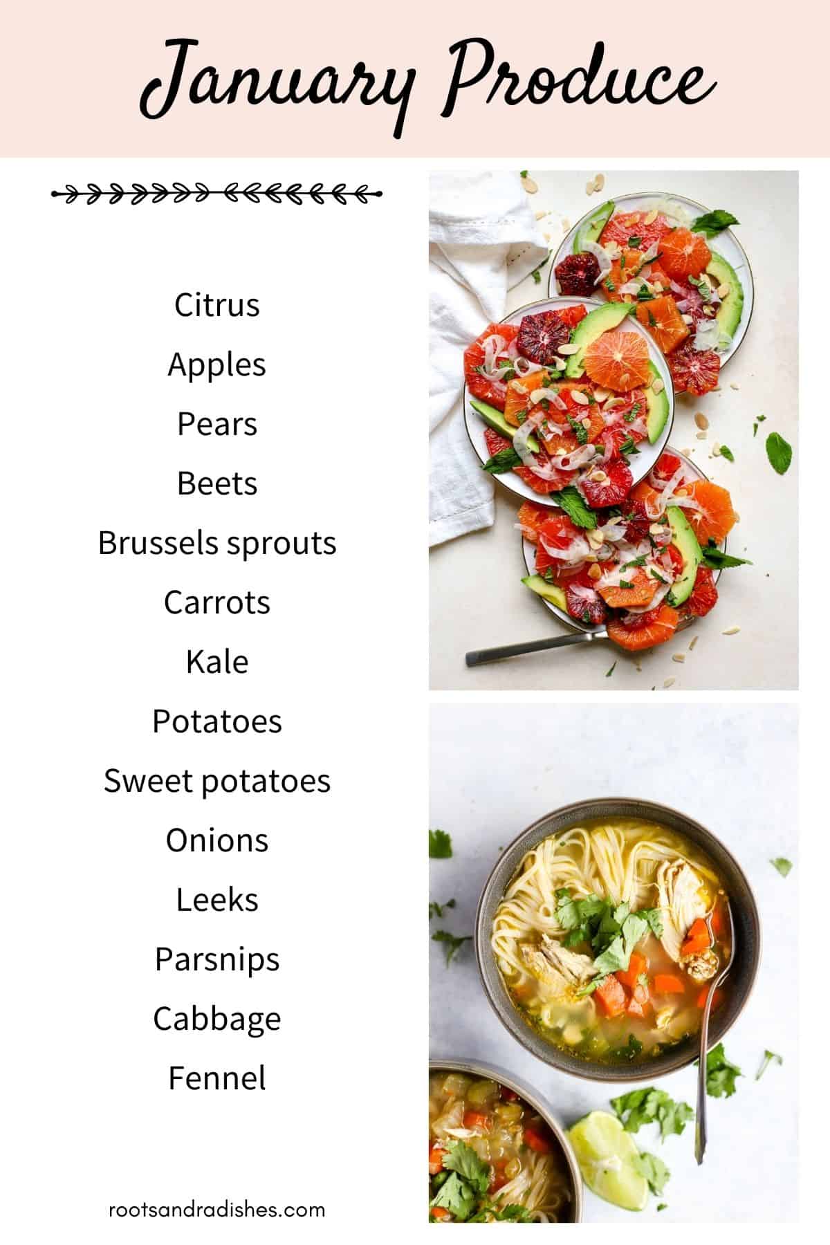 List of January seasonal fruit, vegetables, and herbs, with images of citrus salad and ginger lime chicken soup.