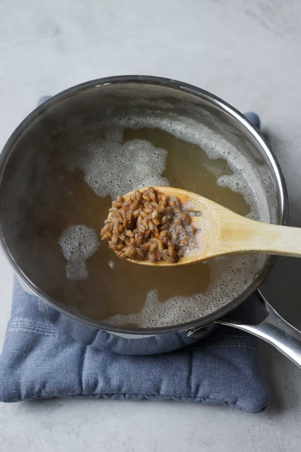 Cooked farro in a stainless steel pot, with a spoon scooping out the steaming grains.
