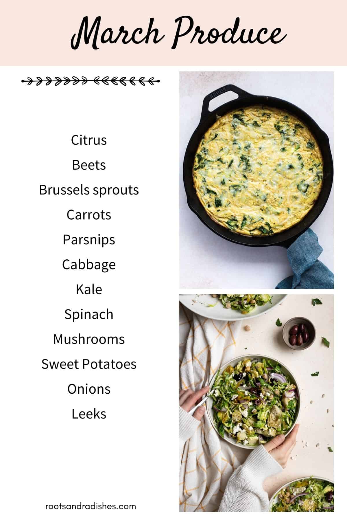 List of what's in season in March with images of kale frittata and Brussels sprouts salad.