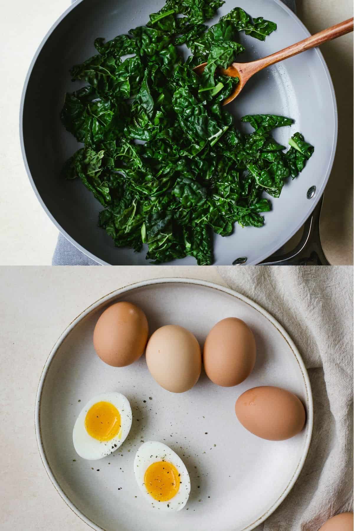 Sautéed kale in a pan and jammy eggs.