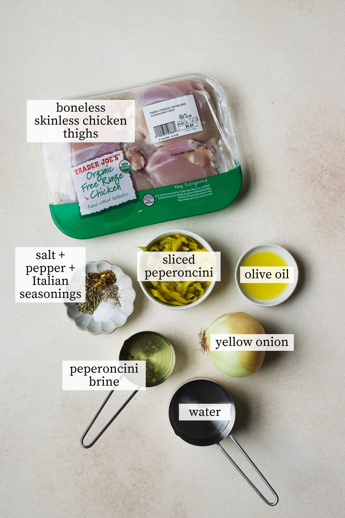 Ingredients for making peperoncini shredded chicken thighs.