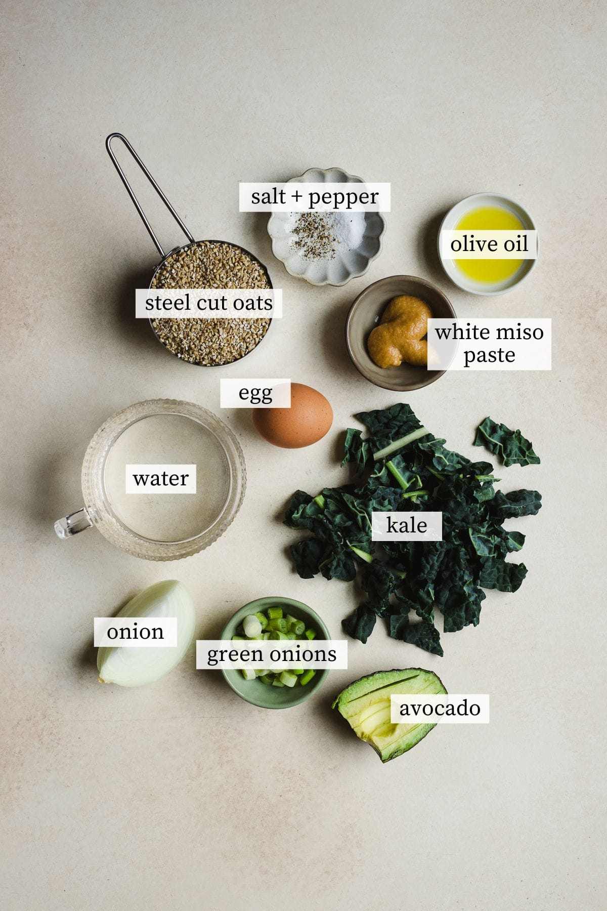Ingredients for savory oatmeal with miso, kale, and a jammy egg.