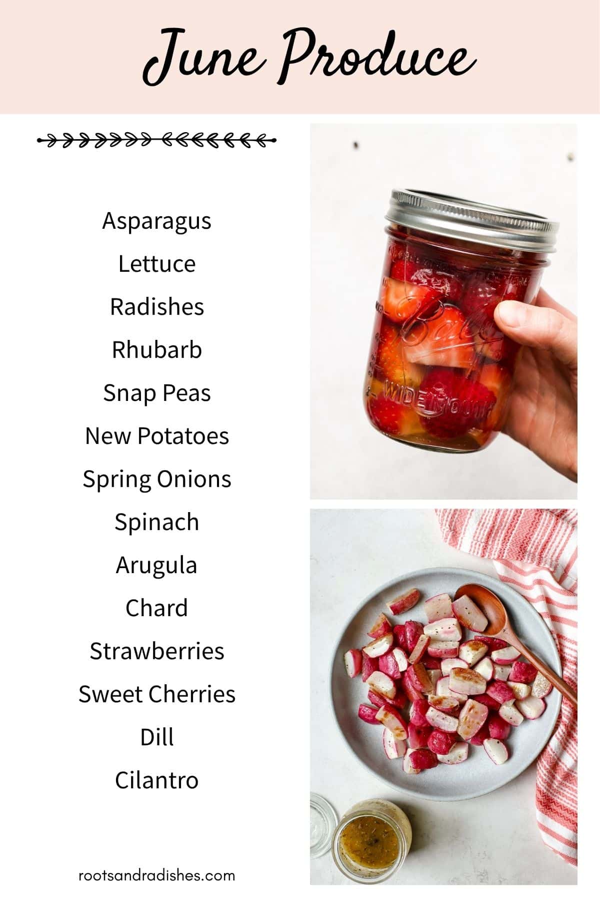 June produce guide listing June seasonal produce with images of pickled strawberries and roasted radishes.