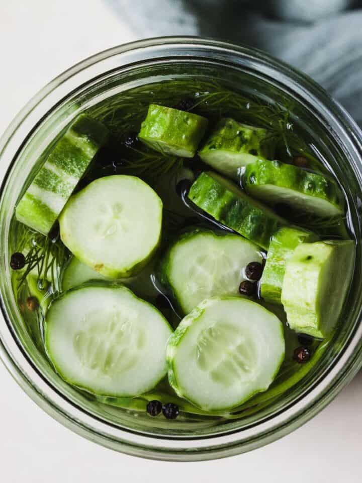 Fridge pickles in a jar with fresh dill, garlic, and black peppercorns.