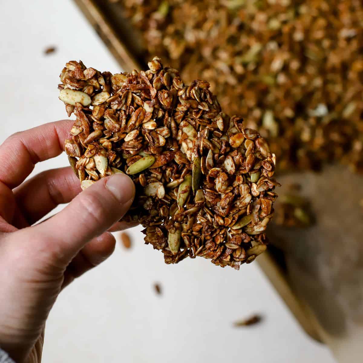 Hand holding a big cluster of ginger molasses granola.