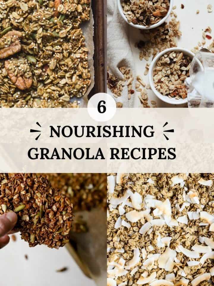 Healthy granola recipes on sheet pans, in large clusters, and in a bowl with milk.