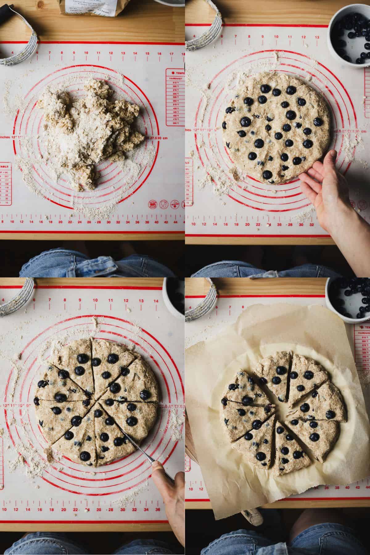 Turning scone dough out on a pastry mat, adding blueberries, and shaping scone dough into a disc that gets cut into 8 wedges.
