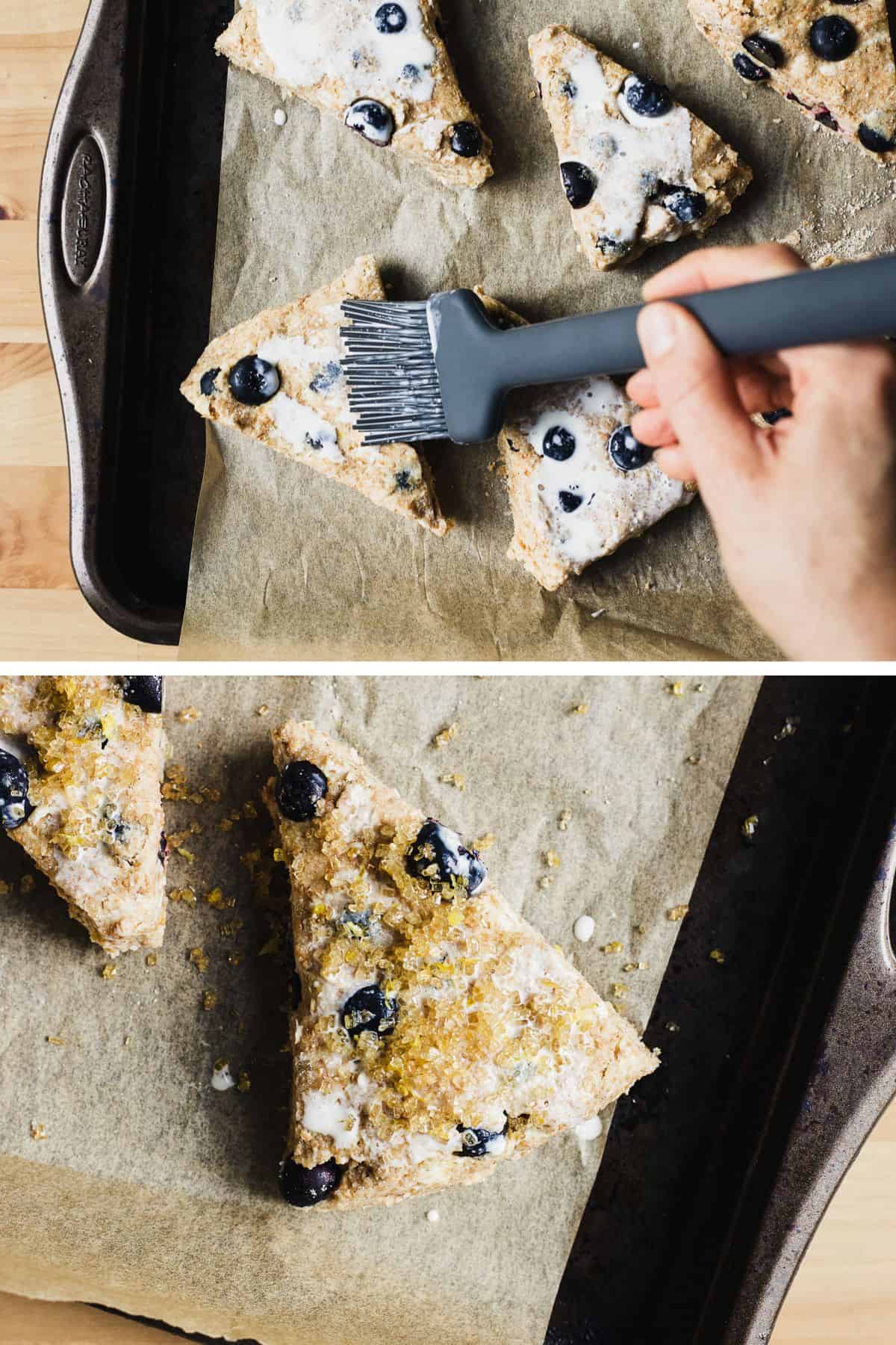 Brushing scones with heavy cream on a sheet pan, and scones dusted with lemon sugar on a sheet pan.