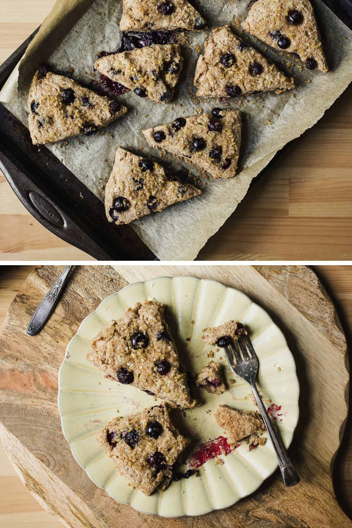 Baked spelt flour scones with blueberries on sheet pan, and buttered scones on a plate.
